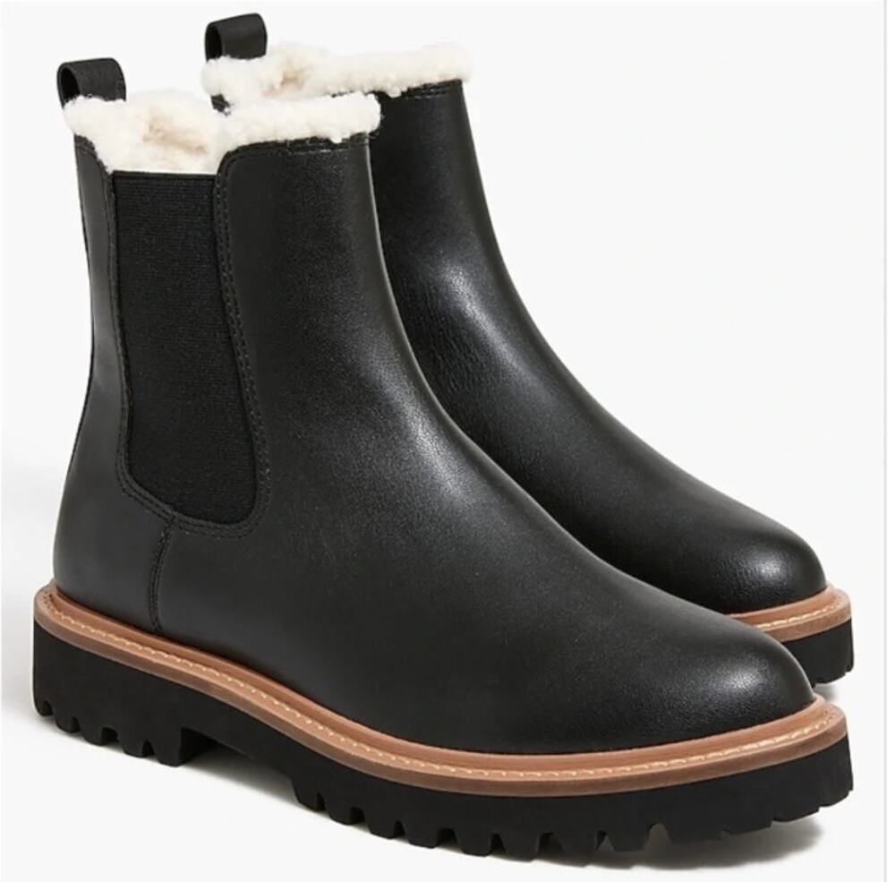J. Crew Lug Sole Faux Shearling Lined Chelsea Ankle Boots Booties Black 7.5